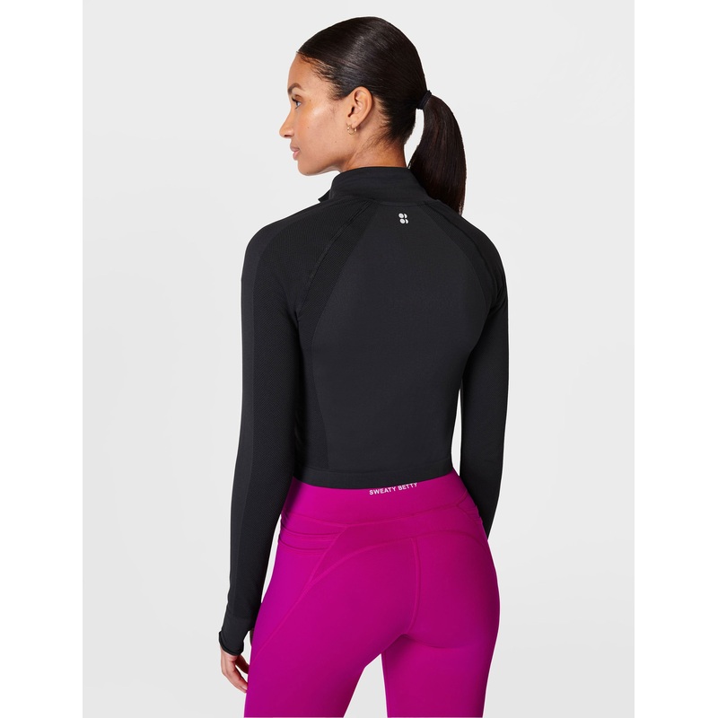 Athlete Crop Seamless Gym Zip Up – Black