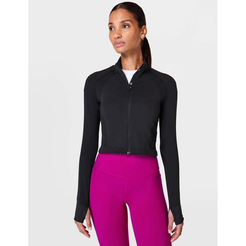 Athlete Crop Seamless Gym Zip Up – Black