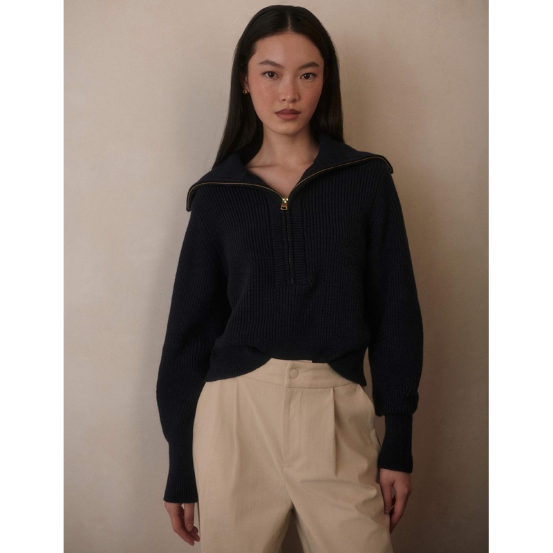 Maura Half-Zip Rib Knit – Navy