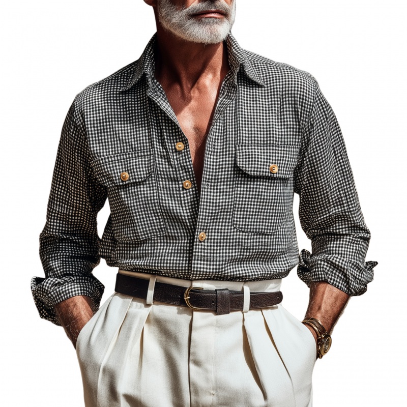 Men’s Casual Breathable Cotton Checkerboard Lapel Flap Pocket Slim Fit Long Sleeve Shirt MTA2984G9M Black