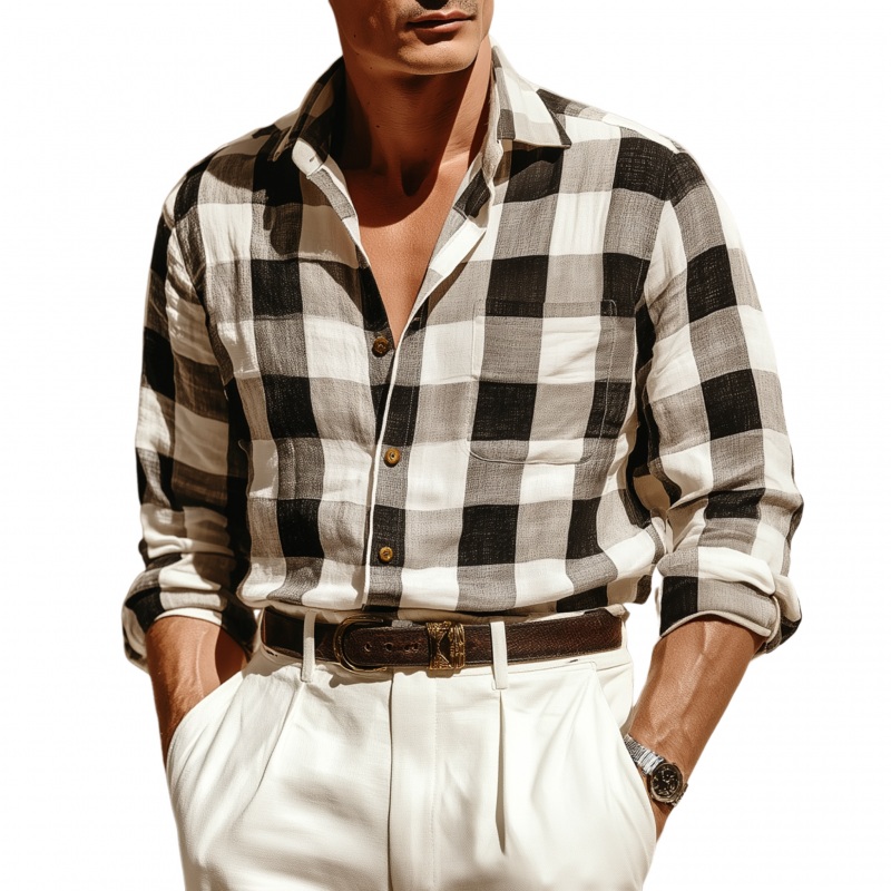 Men’s Casual Breathable Cotton Plaid Lapel Patch Pocket Slim Fit Long Sleeve Shirt MTA2990G6M Black
