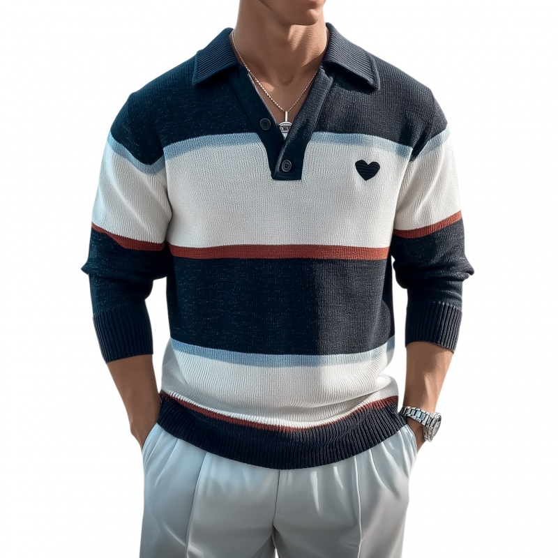 Men’s Casual Breathable Lapel Contrast Striped Loose Knit Long-sleeved Polo Shirt MTA3193G2M Navy