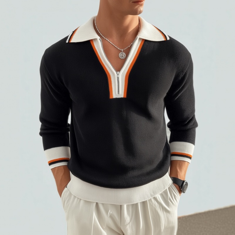 Men’s Casual Contrast Color Zipper Lapel Slim Fit Knitted Long Sleeve Polo Shirt MTA3105G3M Black