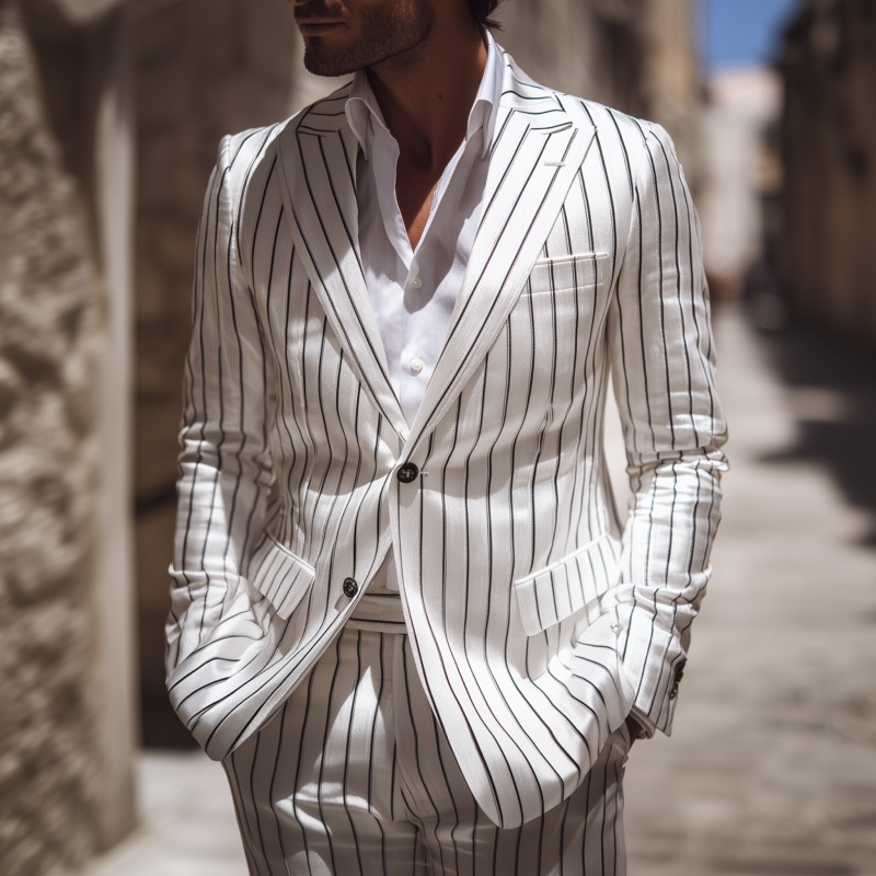 Men’s Casual Cotton Linen Blend Striped Peak Lapel Single-breasted Slim-fit Blazer MTA3020G9M White
