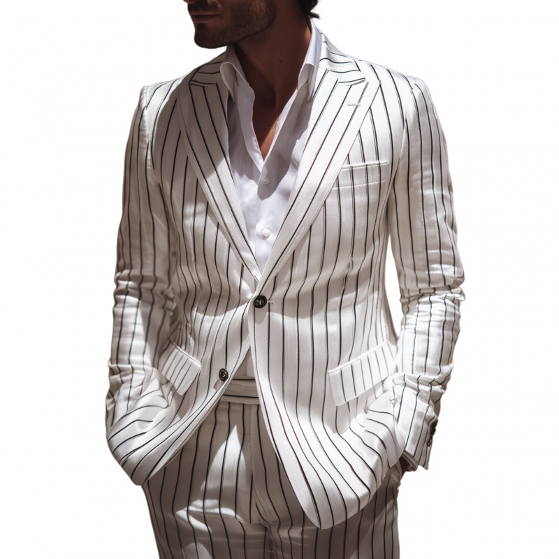 Men’s Casual Cotton Linen Blend Striped Peak Lapel Single-breasted Slim-fit Blazer MTA3020G9M White