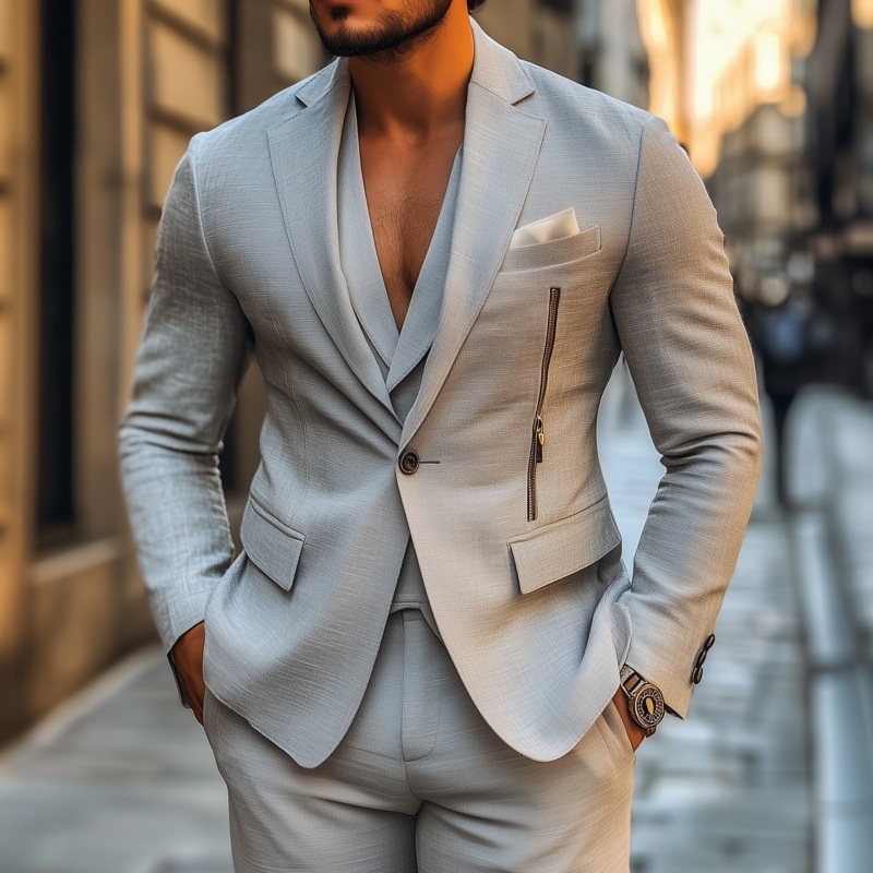 Men’s Casual Solid Color Breathable Linen Notch Lapel Single-breasted Zipper Decorated Slim Fit Blazer MTA2836G5M Gray