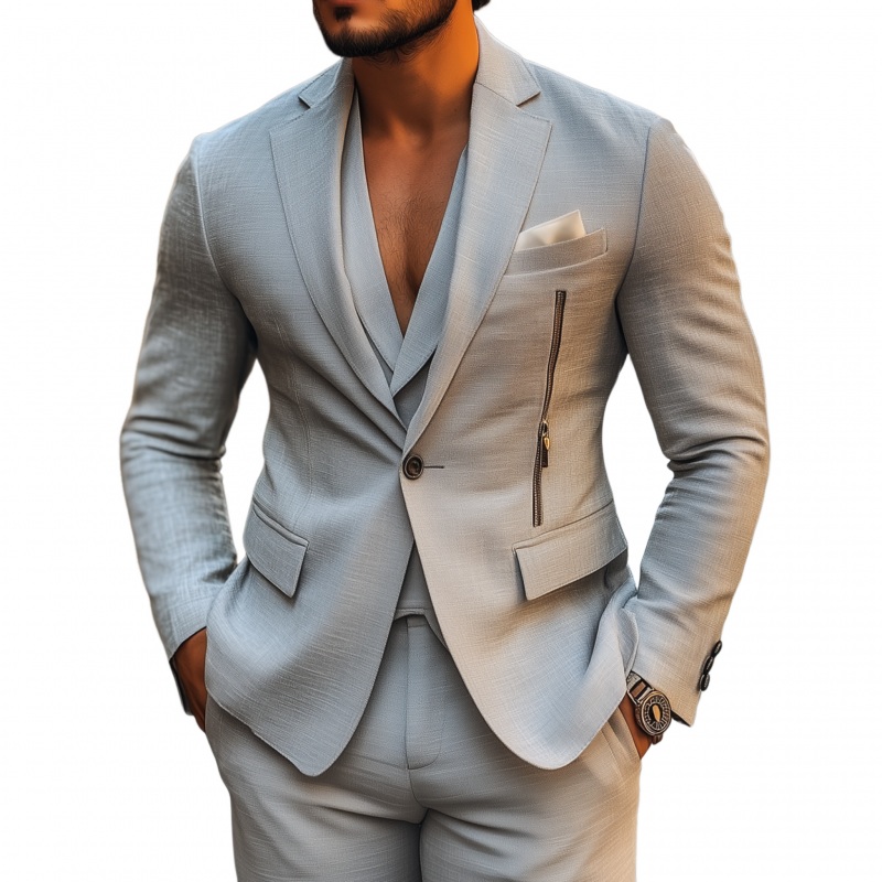 Men’s Casual Solid Color Breathable Linen Notch Lapel Single-breasted Zipper Decorated Slim Fit Blazer MTA2836G5M Gray