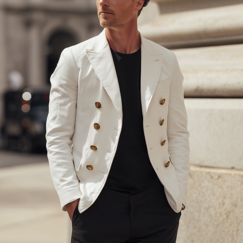 Men’s Casual Solid Color Breathable Twill Cotton Peaked Lapel Double-breasted Slim-fit Blazer MTA2905G7M White