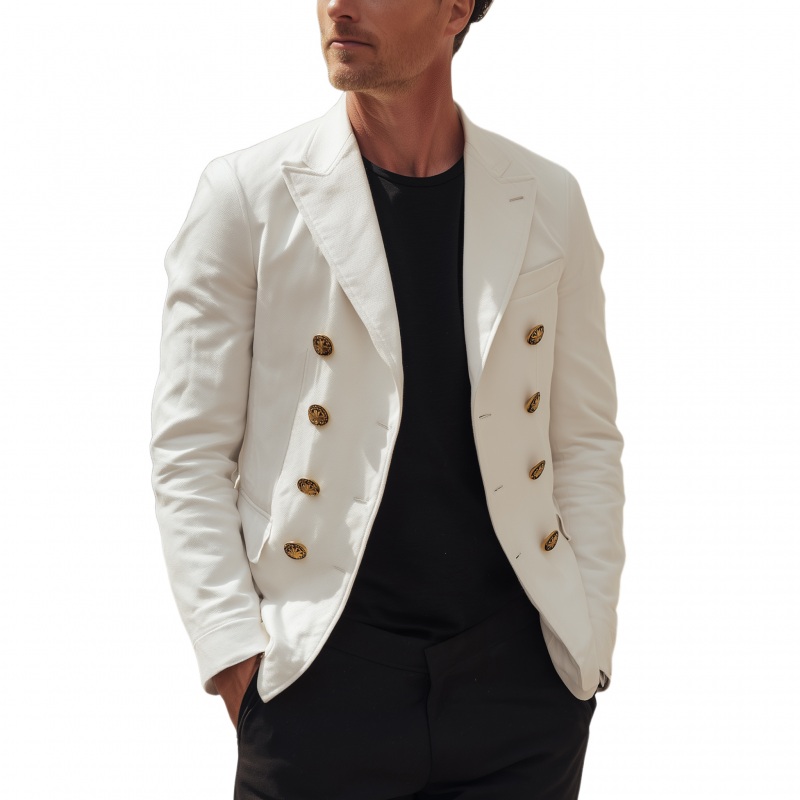 Men’s Casual Solid Color Breathable Twill Cotton Peaked Lapel Double-breasted Slim-fit Blazer MTA2905G7M White