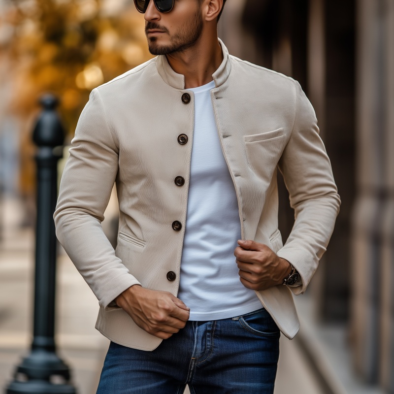 Men’s Casual Solid Color Corduroy Stand Collar Single-breasted Slim Short Blazer MTA3075G7M Beige