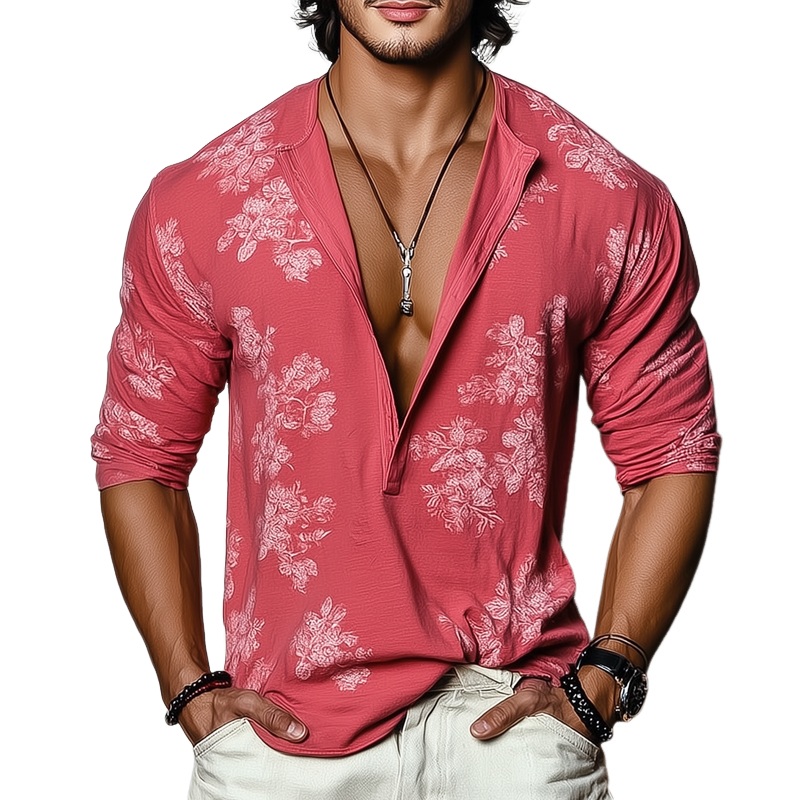 Men’s Floral Henley Collar Long Sleeve T-shirt MTA3022G0Z Pink