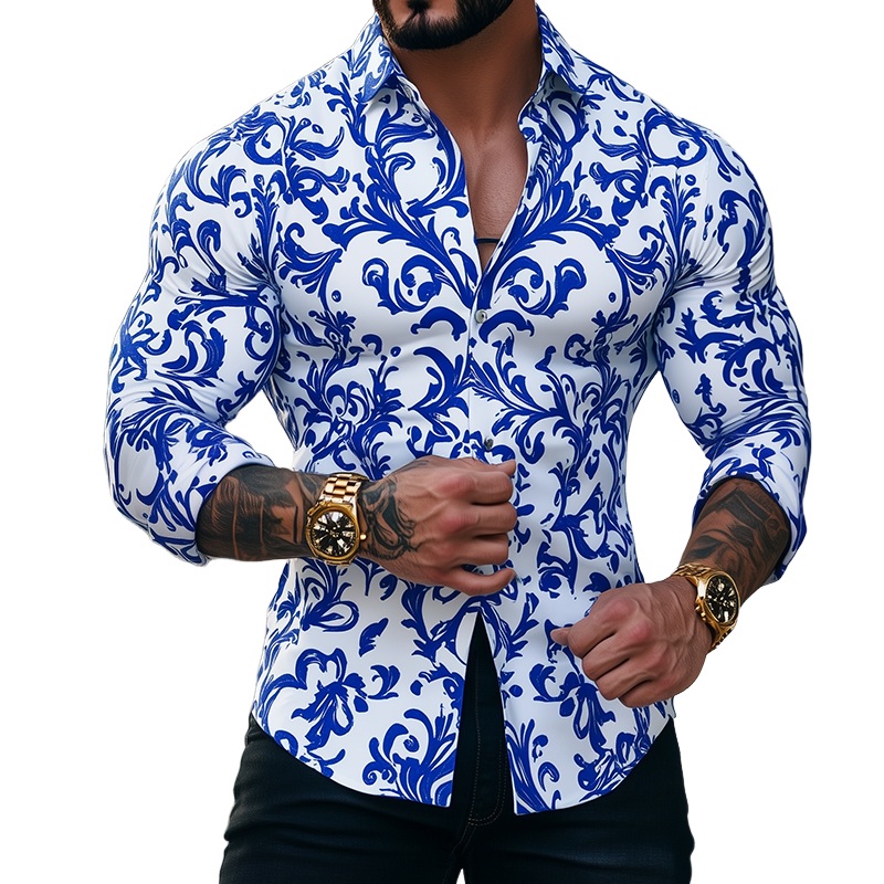 Men’s Retro Casual Blue And White Porcelain Print Lapel Long Sleeve Shirt MTA3023G4TO White