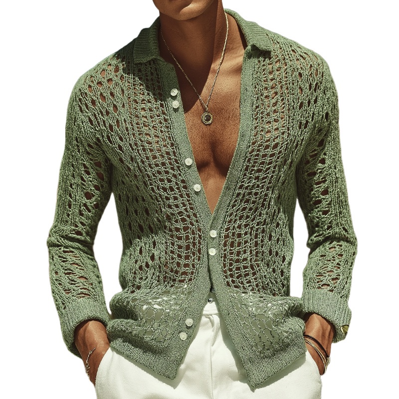 Men’s Retro Casual Hollow Knit Lapel Long Sleeve Shirt MTA2892G7TO Green