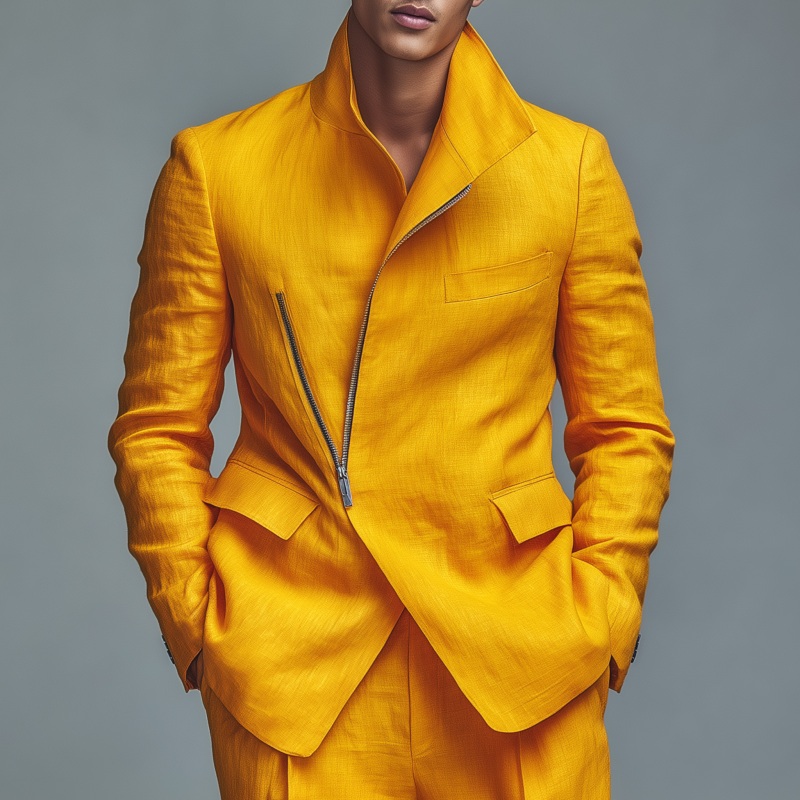 Men’s Stylish Solid Color Breathable Linen Stand Collar Zipper Slant Placket Loose Blazer MTA2811G7M Yellow