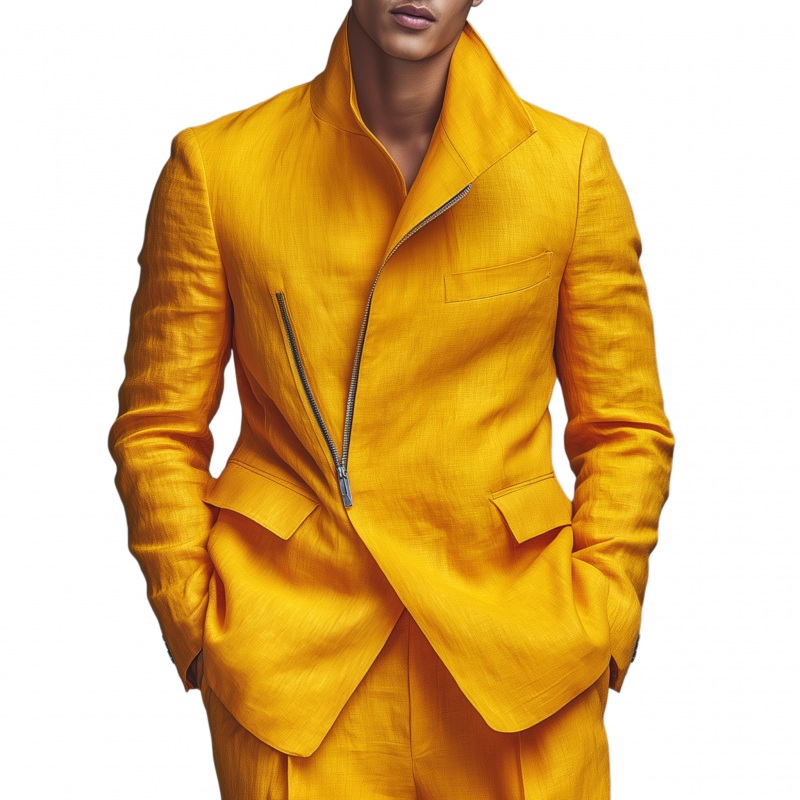 Men’s Stylish Solid Color Breathable Linen Stand Collar Zipper Slant Placket Loose Blazer MTA2811G7M Yellow