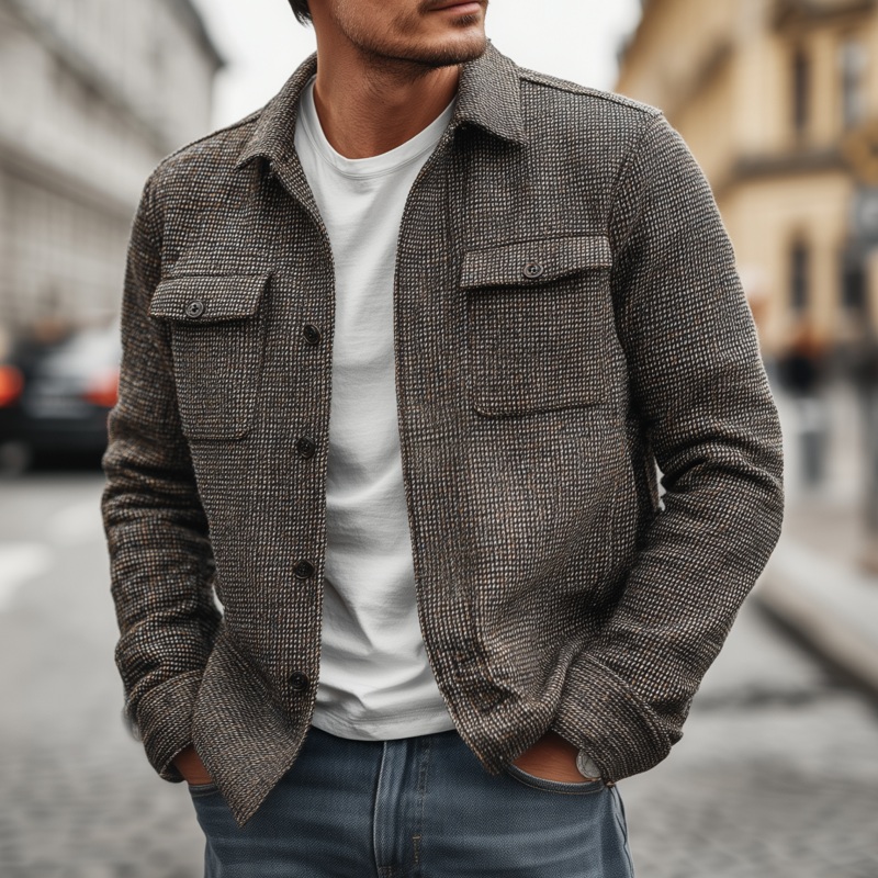 Men’s Vintage Check Lapel Single Breasted Flap Pocket Loose Long Sleeve Shirt Jacket MTA1755G9M Coffee