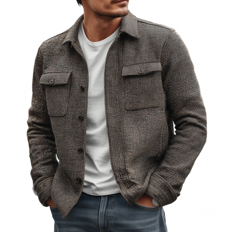 Men’s Vintage Check Lapel Single Breasted Flap Pocket Loose Long Sleeve Shirt Jacket MTA1755G9M Coffee