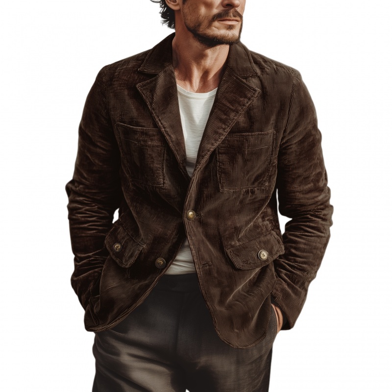 Men’s Vintage Corduroy Notch Lapel Single-breasted Multi-pocket Cargo Blazer MTA3135G0M Black