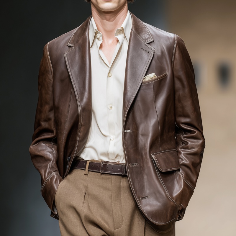 Men’s Vintage Faux Leather Notched Lapel Single-Breasted Loose Fit Blazer MTA2986G5M Coffee