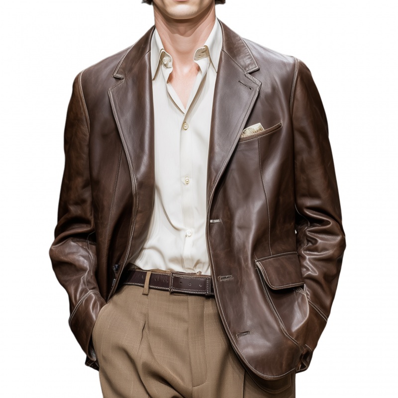 Men’s Vintage Faux Leather Notched Lapel Single-Breasted Loose Fit Blazer MTA2986G5M Coffee