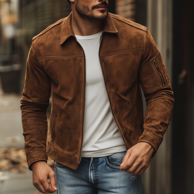 Men’s Vintage Solid Faux Suede Lapel Zipper Placket Sleeve Pocket Slim Fit Jacket MTA2584G5M Brown