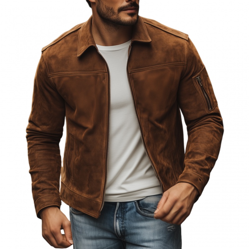 Men’s Vintage Solid Faux Suede Lapel Zipper Placket Sleeve Pocket Slim Fit Jacket MTA2584G5M Brown
