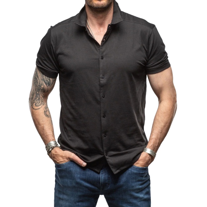 Men’s Casual Breathable Cotton Lapel Slim Fit Short Sleeve Shirt MTA0652E2M Black
