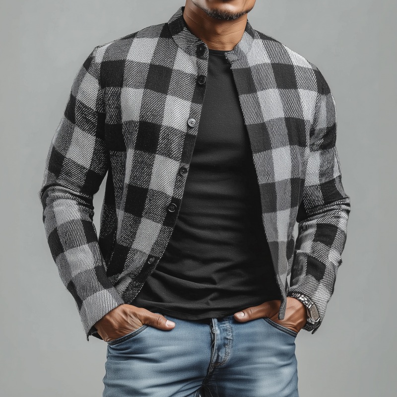 Men’s Casual Classic Cotton Blend Plaid Stand Collar Single-breasted Cropped Jacket MTA2920G5M Gray