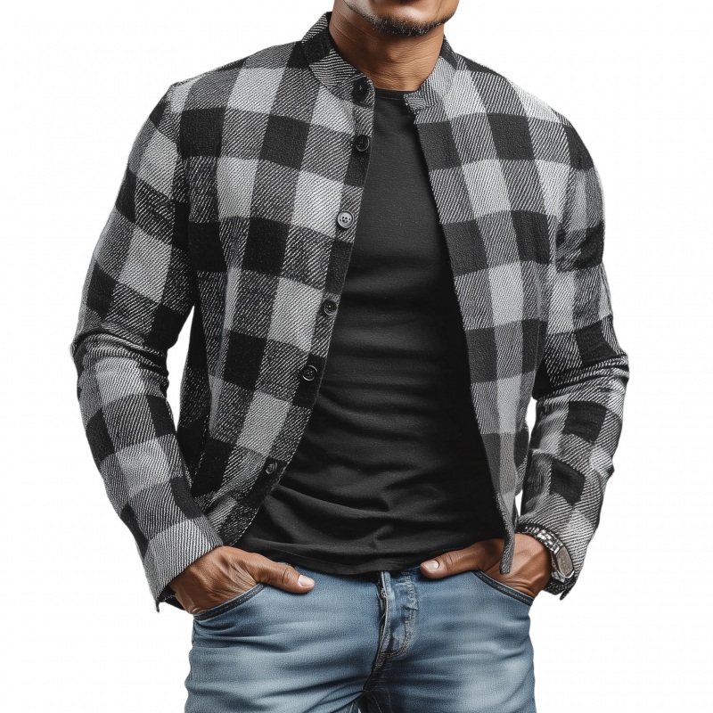 Men’s Casual Classic Cotton Blend Plaid Stand Collar Single-breasted Cropped Jacket MTA2920G5M Gray
