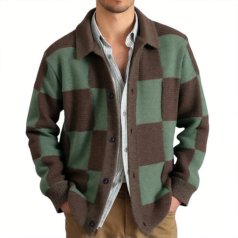 Men’s Casual Contrast Checkerboard Lapel Single-breasted Loose Knit Cardigan MTA0494H6M Brown