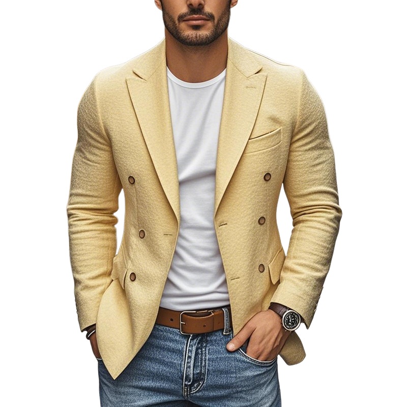 Men’s Casual Cotton Linen Peaked Lapel Double-Breasted Slim-Fit Blazer MTA0296D4M Yellow