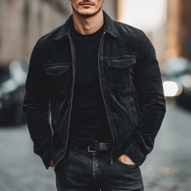 Men’s Casual Fashion Solid Color Corduroy Lapel Zipper Placket Multi-pocket Loose Jacket MTA3061G3M Black