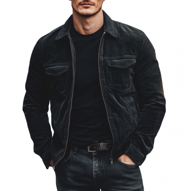 Men’s Casual Fashion Solid Color Corduroy Lapel Zipper Placket Multi-pocket Loose Jacket MTA3061G3M Black