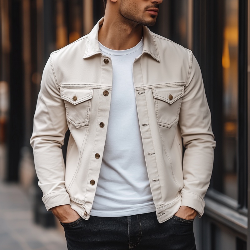 Men’s Casual Solid Color Breathable Cotton Lapel Single Breasted Slim Fit Jacket MTA0688H4M Beige