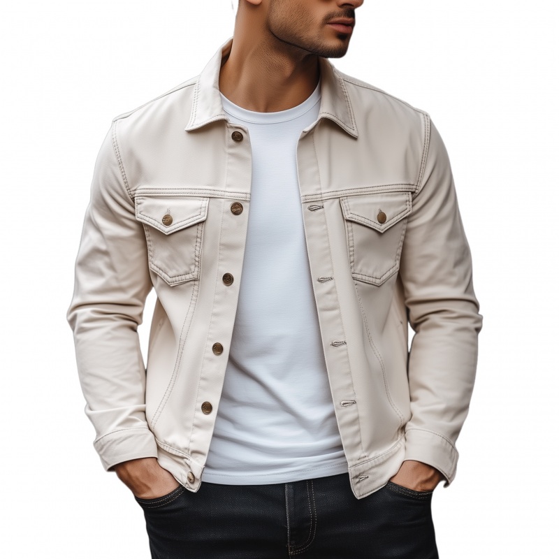 Men’s Casual Solid Color Breathable Cotton Lapel Single Breasted Slim Fit Jacket MTA0688H4M Beige
