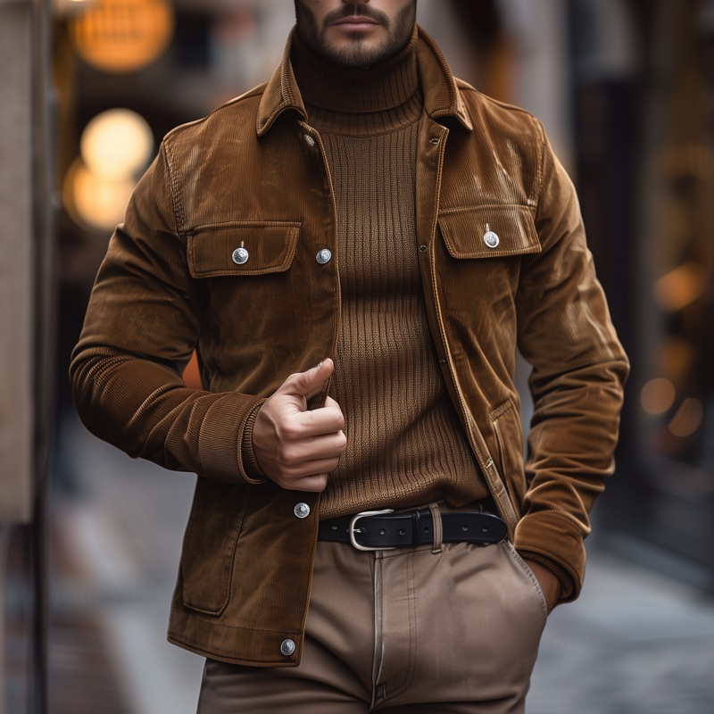 Men’s Casual Solid Color Corduroy Lapel Single-breasted Slim-fit Cargo Jacket MTA3149G3M Brown