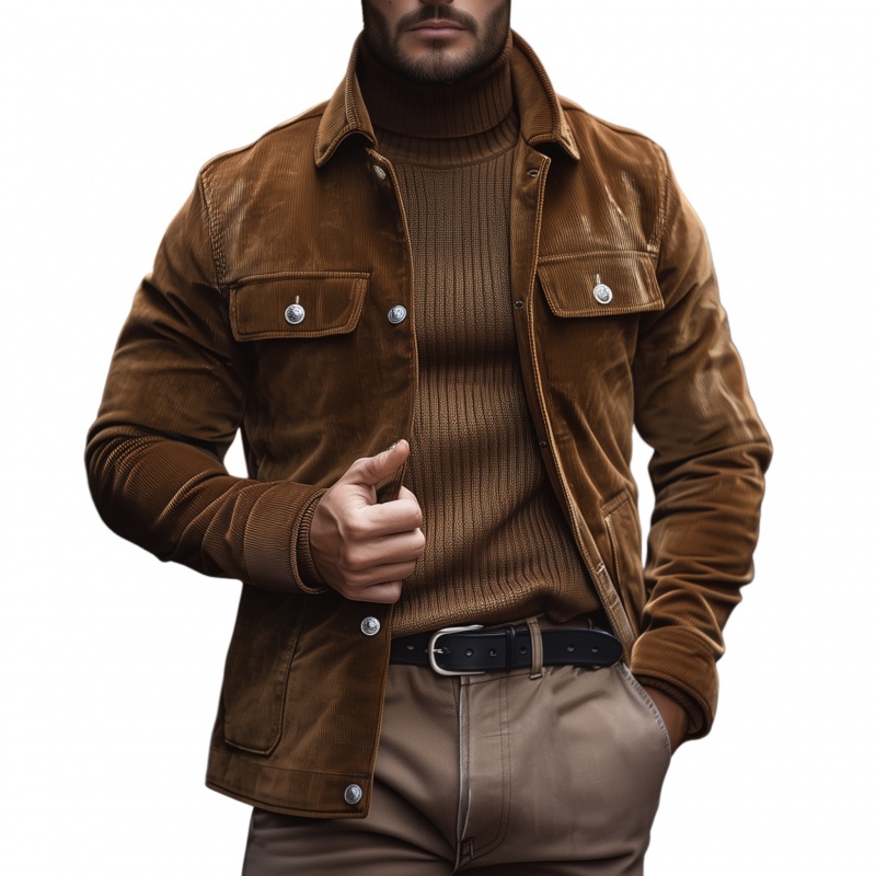 Men’s Casual Solid Color Corduroy Lapel Single-breasted Slim-fit Cargo Jacket MTA3149G3M Brown