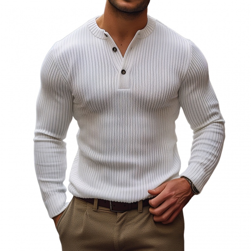 Men’s Casual Solid Color Henley Collar Slim Fit Knit Long Sleeve Pullover Sweater MTA0540H8M White