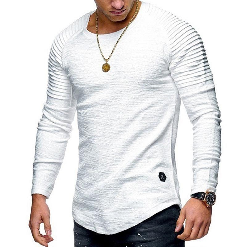 Men’s Casual Solid Color Pleated Stitching Round Neck Long Sleeve T-Shirt 46273311M White