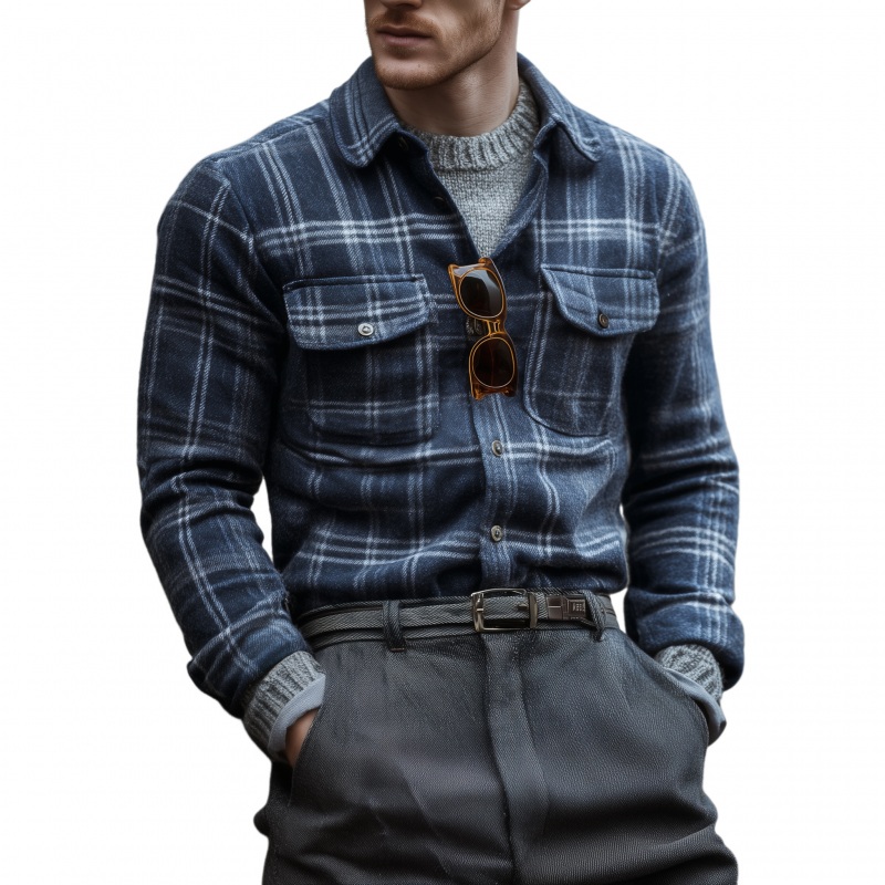 Men’s Casual Vintage Flannel Plaid Lapel Flap Chest Pocket Slim Fit Long Sleeve Shirt MTA0818H1M Blue