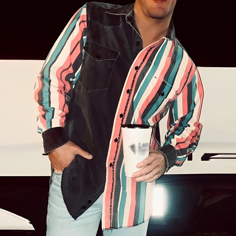 Men’s Retro Color Block Printed Loose Long Sleeve Shirt 57994496M Black