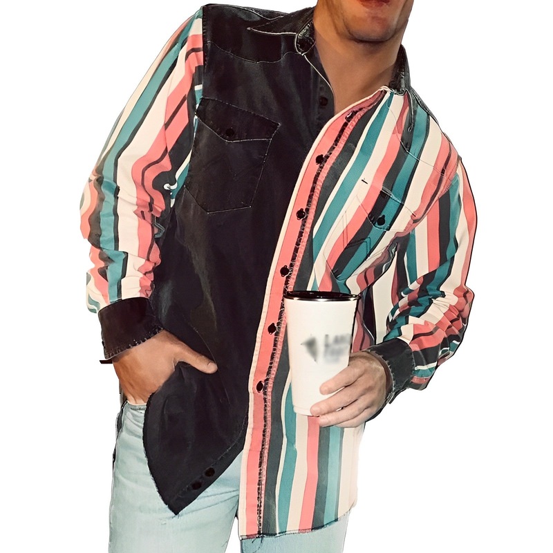 Men’s Retro Color Block Printed Loose Long Sleeve Shirt 57994496M Black