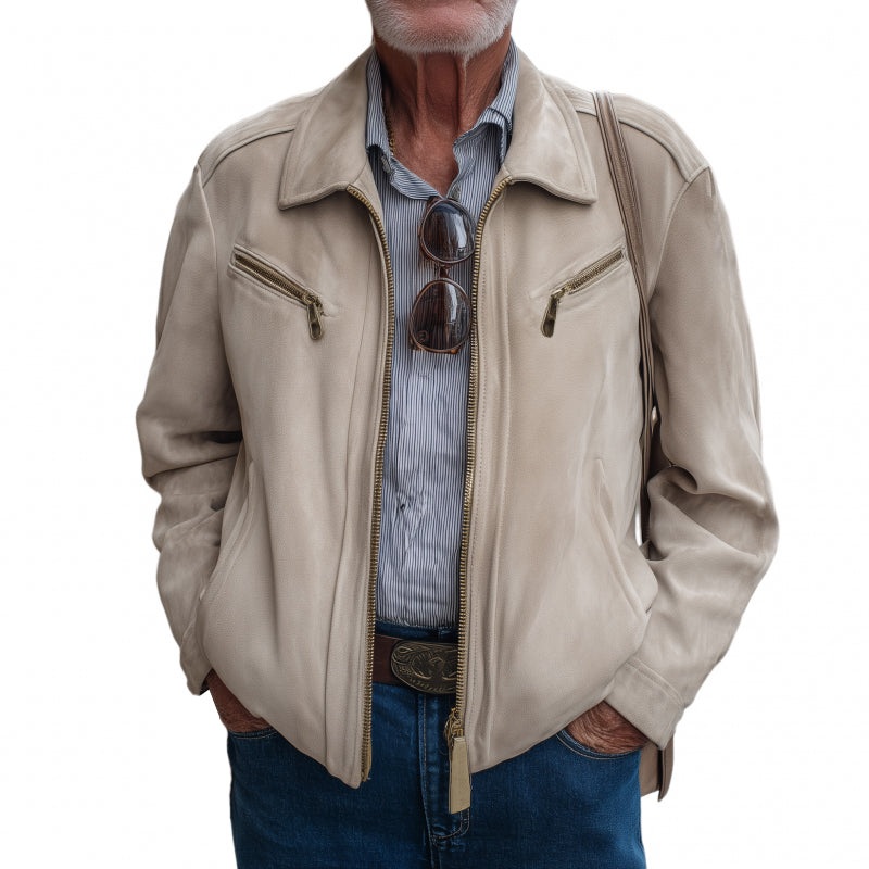 Men’s Vintage Solid Color Faux Suede Lapel Zipper Chest Pocket Slim Fit Jacket MTA3116G1M Beige