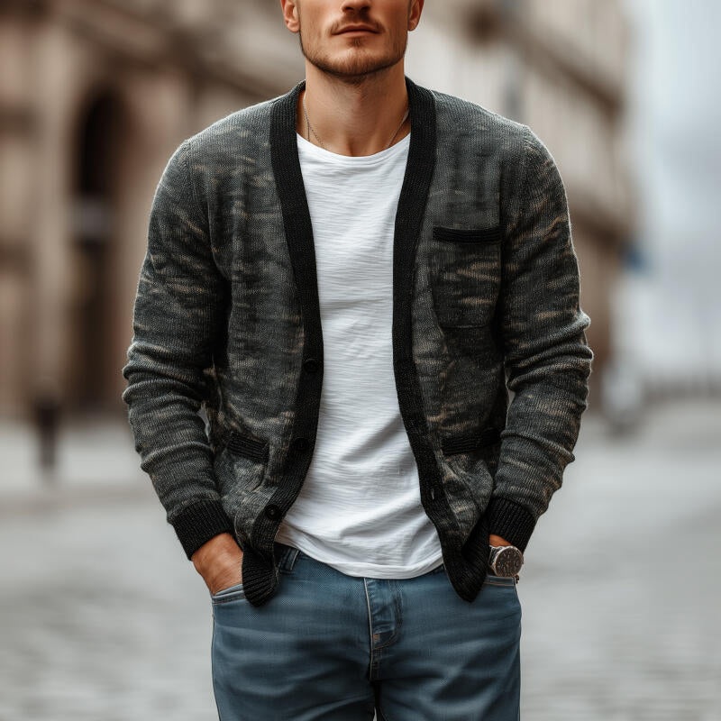 Men’s Casual Camouflage Jacquard V-neck Single-breasted Slim Fit Knit Cardigan MTA2162H8M Dark Green