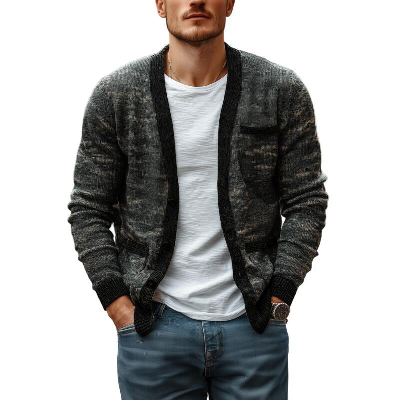 Men’s Casual Camouflage Jacquard V-neck Single-breasted Slim Fit Knit Cardigan MTA2162H8M Dark Green