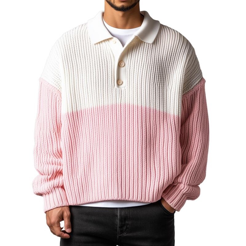 Men’s Casual Contrast Color Polo Collar Loose Knit Long Sleeve Pullover Sweater MTA2716H0M Pink