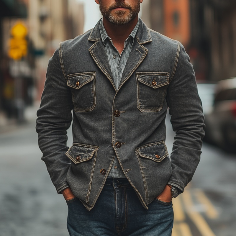 Men’s Casual Outdoor Denim Washed Distressed Notch Lapel Single-breasted Multi-pocket Safari Jacket MTA1413H0M Gray
