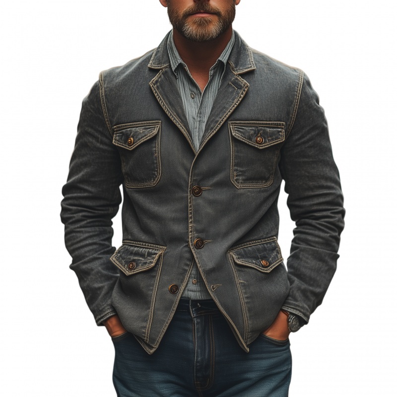 Men’s Casual Outdoor Denim Washed Distressed Notch Lapel Single-breasted Multi-pocket Safari Jacket MTA1413H0M Gray