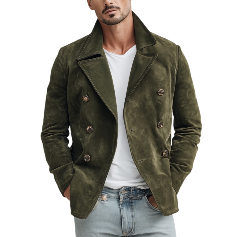 Men’s Classic Casual Lapel Suede Double Breasted Jacket MTA2666H1K Military Green