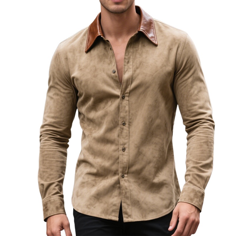 Men’s Retro Casual Leather And Suede Lapel Long Sleeve Shirt MTA0874H2TO Khaki